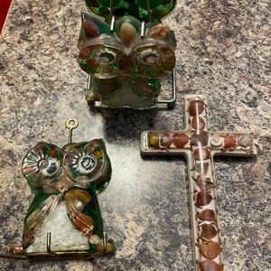 Decorative Owl napkin holder, key holder and Cross Set with agate rock Accents